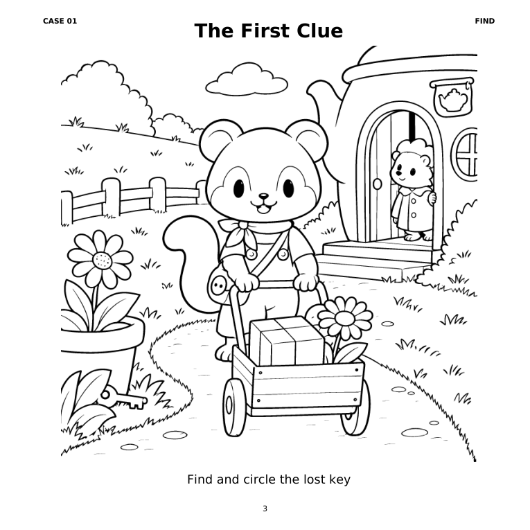 The First Clue — a real book page where children find and circle the lost key